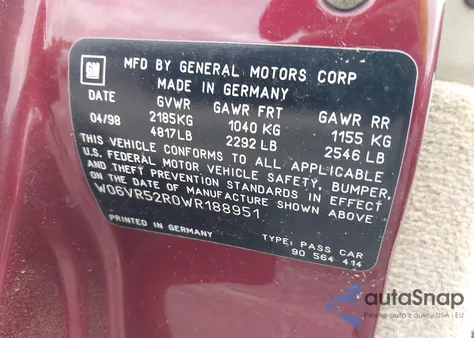 1998 Cadillac Catera Standard z USA, uszkodzony, nr VIN W06VR52R0WR188951